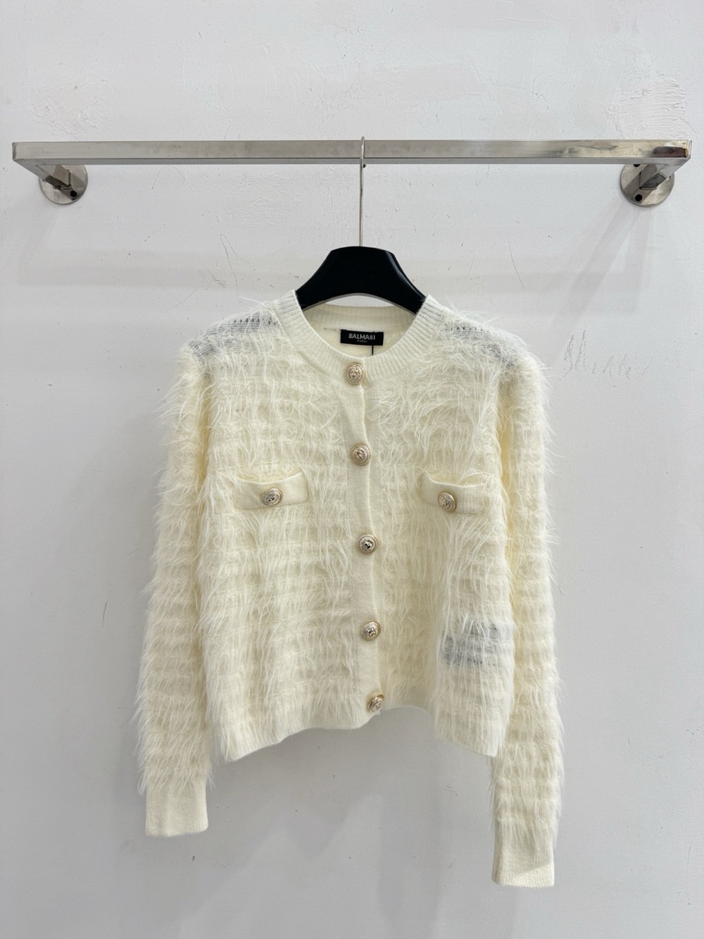🤍 Balmain Fuzzy Shaggy Knit Cardigan Ornate Gold Buttons